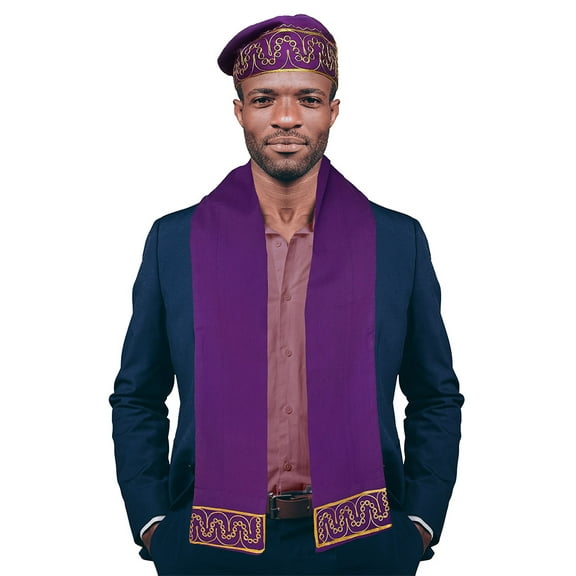 Purple and Gold Embroidered African Hat and Sash/Scarf