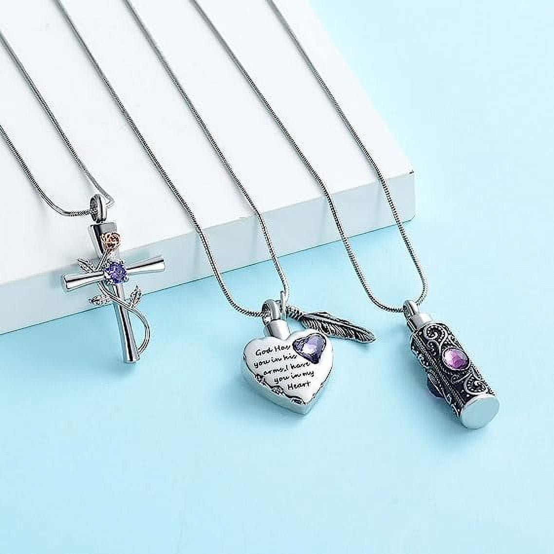3 Pack Birthstone Cylinder Cross Heart Urn Necklace for Ashes Cremation Jewelry for Ashes for Women Men Loved One Keepsake Memorial Mini Urn Holder