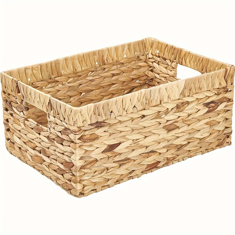 1pc Rectangular Storage Baskets, Water Hyacinth Seagrass Handmade Woven Basket, Shelf Baskets For Organizing, Storage Basket With Built-in Handles, Home Storage & Organization, Home Decor