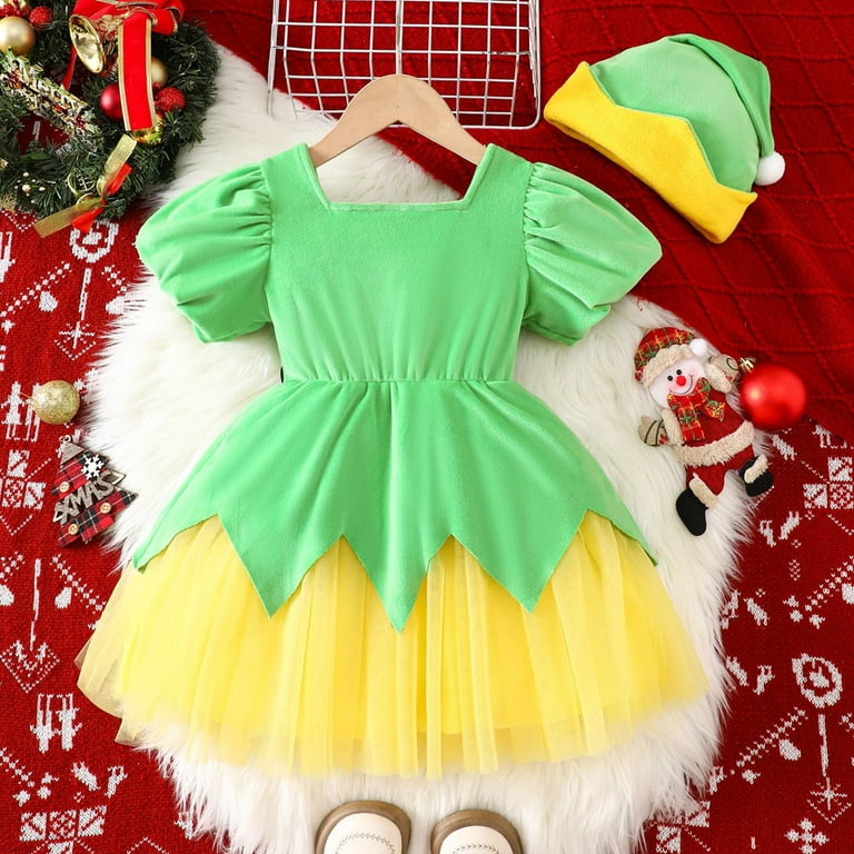 Fgnfyis Toddler Girls Christmas Dress Short Sleeve with Net Skirt for  Holiday Party Dance Party Elegant Attire with Hat Green 1-2 Years
