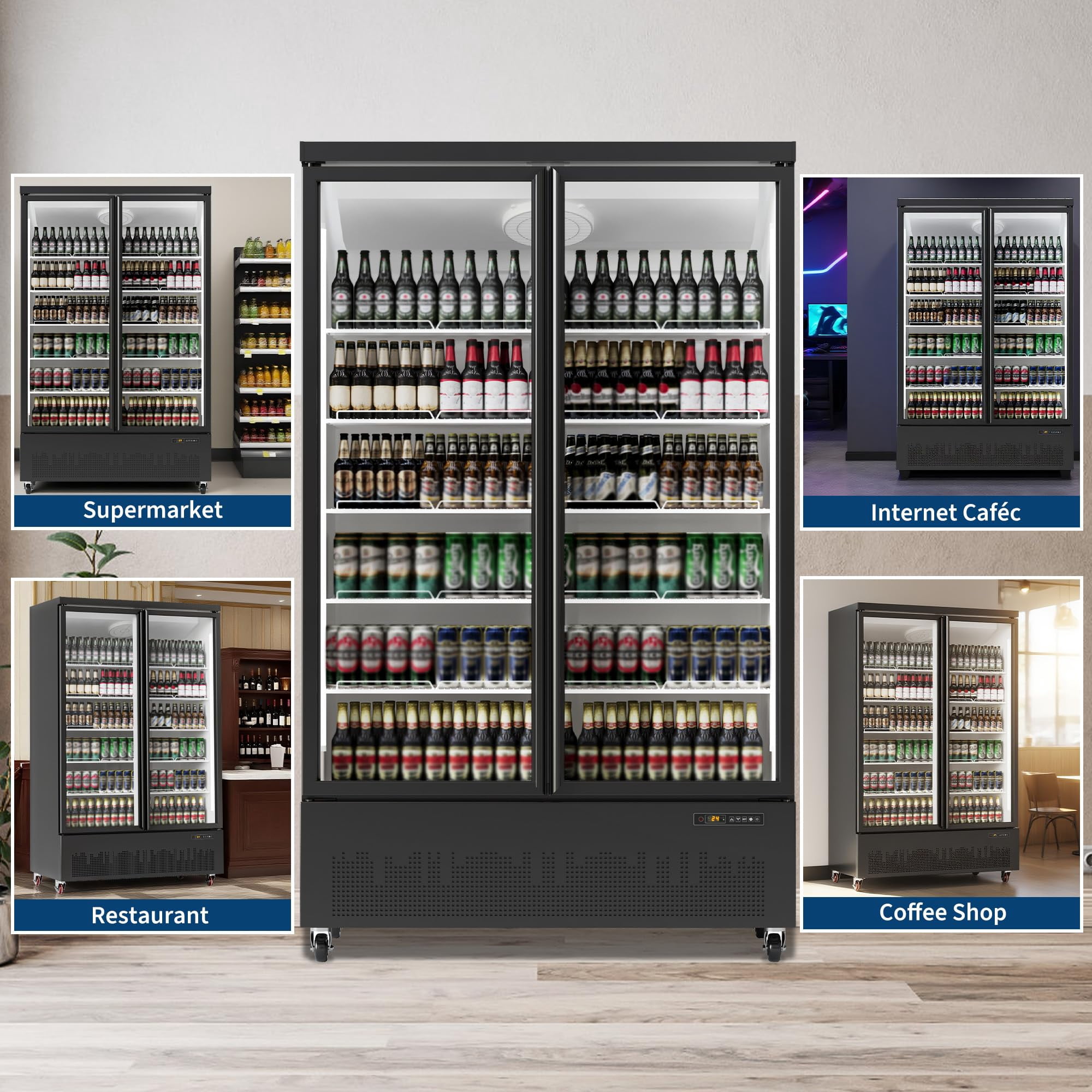Acekid Large Glass Door Display Refrigerator, Commercial Merchandiser Cooler for Beverages, Black