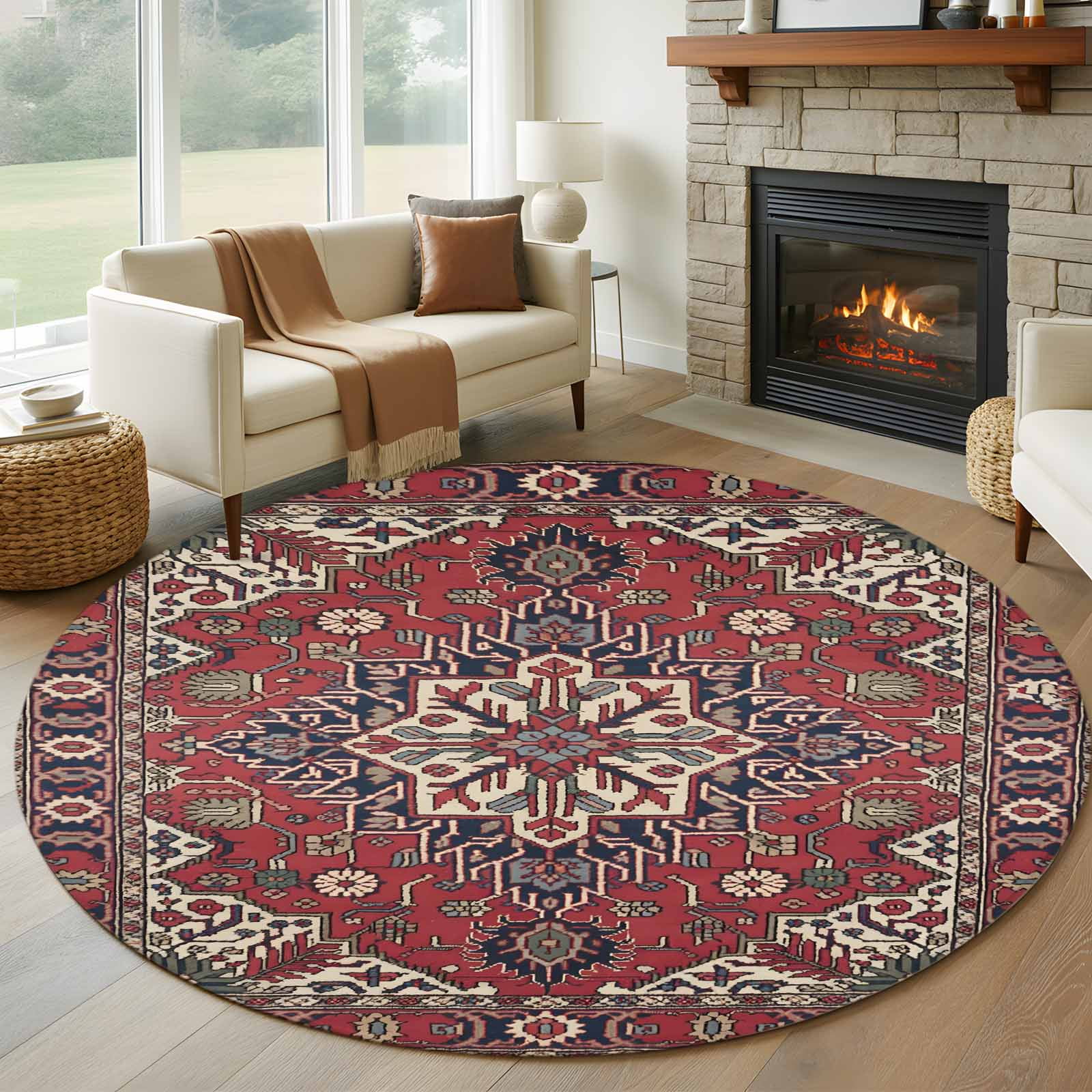 Boho Abstract Plant Round Living Room Rugs 5 ft Vintage Red Blue Geometric National Medieval Trible Area Rug with Non-Slip Sturdy Edge Binding Round Carpet for Entryway Kitchen Bedroom Bathroom