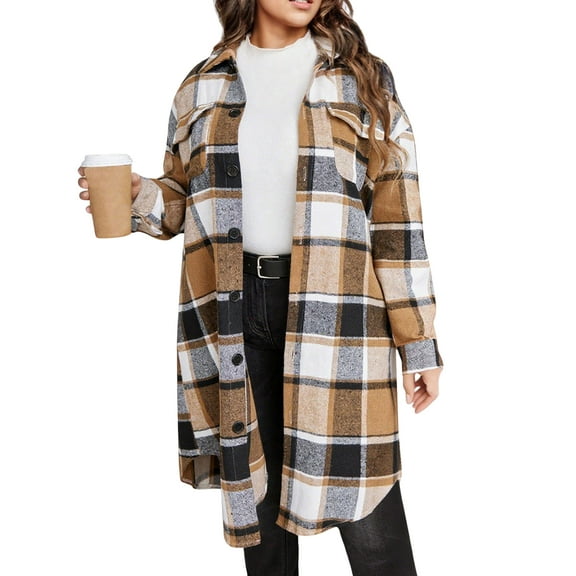 Fgvctg Womens Plaid Jackets Long Plaid Trench Coats Trendy Lapel Button Down Wool Blend Shackets Jackets Long Sleeve Winter Outwear Coats Khaki S