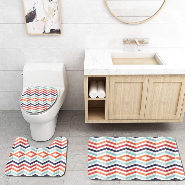 ABPHQTO Líneas geométricas en zigzag Rayas de chevrón que suben y bajan Efecto óptico Azul Naranja Juego de alfombras de baño de 3 piezas Alfombra de baño Alfombra de contorno y tapa de inodoro