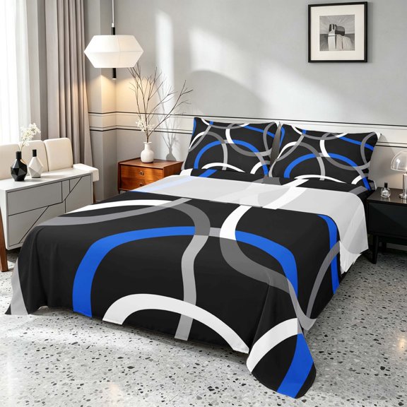 Manfei Black Blue Circle Queen Sheets,Aesthetic Minimalist Queen Sheet Sets, Black Reversible 4 Pieces1 Flat Sheet 1 Fitted Sheet 2 Pillowcases
