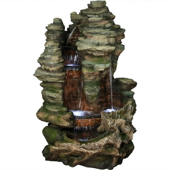 Sunnydaze Flat Rock Summit Polyresin Outdoor Water Fountain with Lights