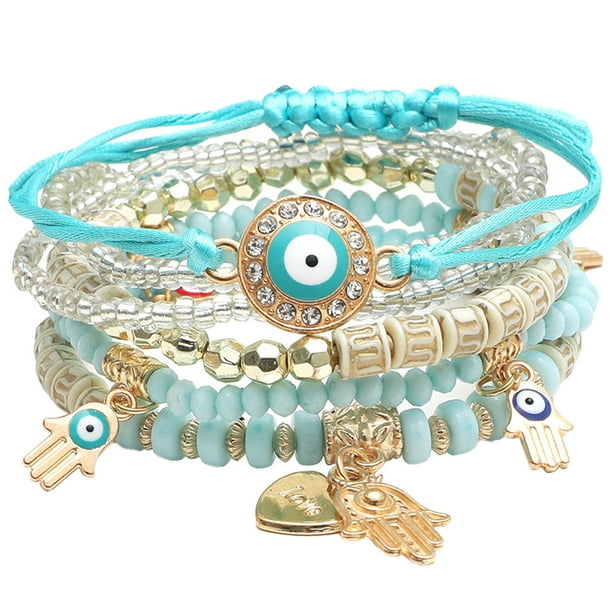 Abalorios hechos a mano Ojos de moda Temperamento de cuentas de arroz Pulsera multicapa