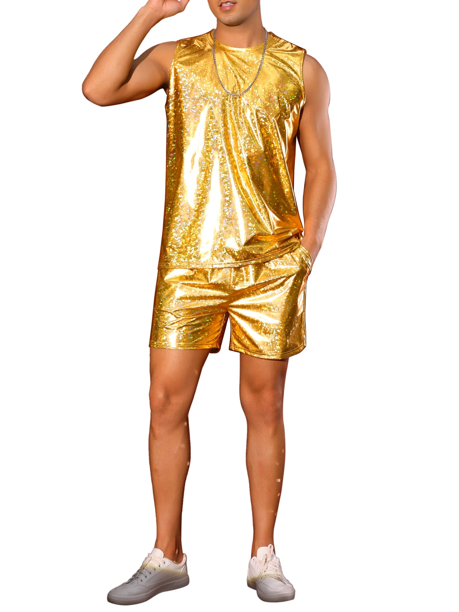 INSPIRE CHIC Holographic Tank Top and Shorts Set for Men's Party Disco Metallic 2 Pieces Outfits XL Golden