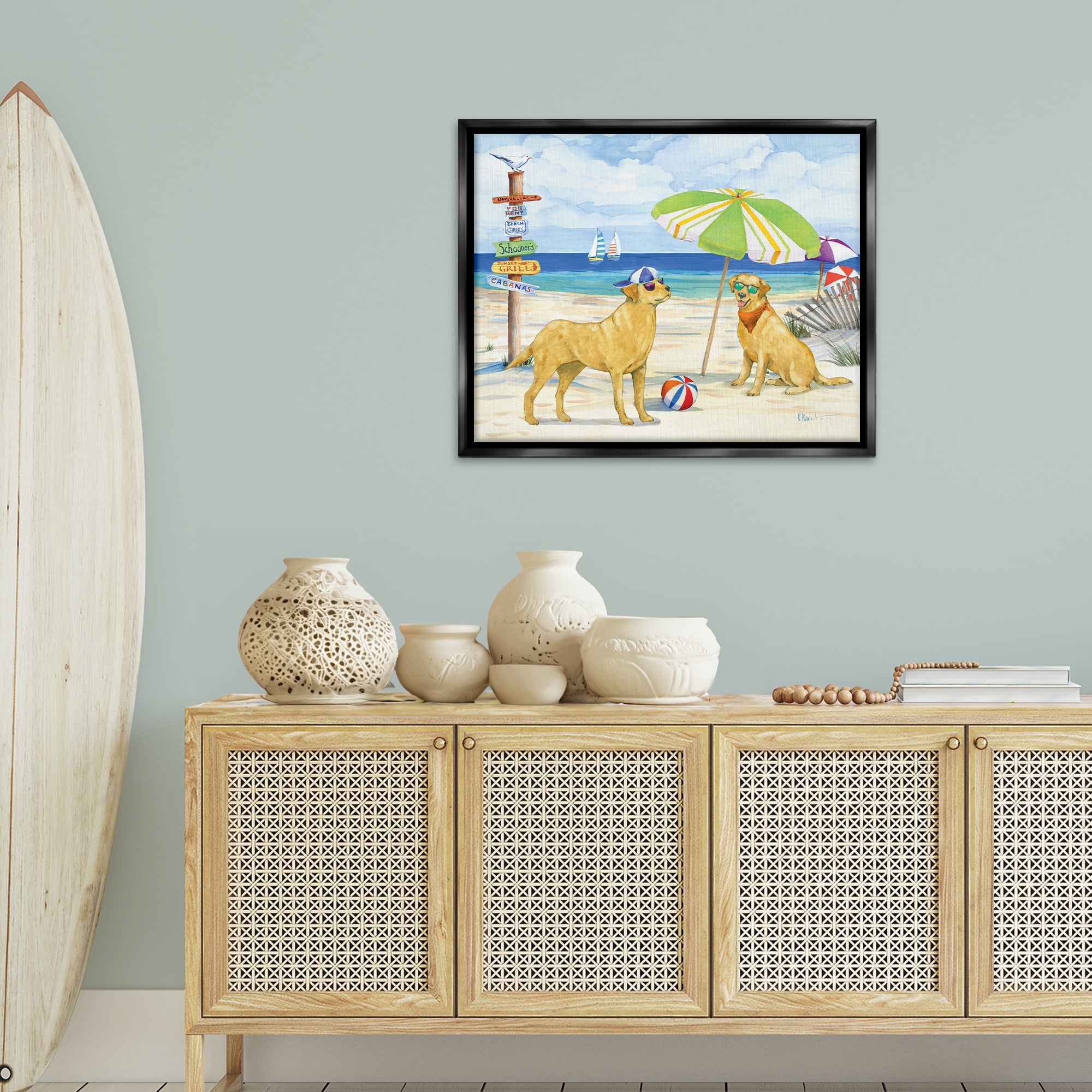 Stupell Industries Dog Day At Beach Animals & Insects Painting Black Floater Framed Canvas Art Print Wall Art, 31 x 25