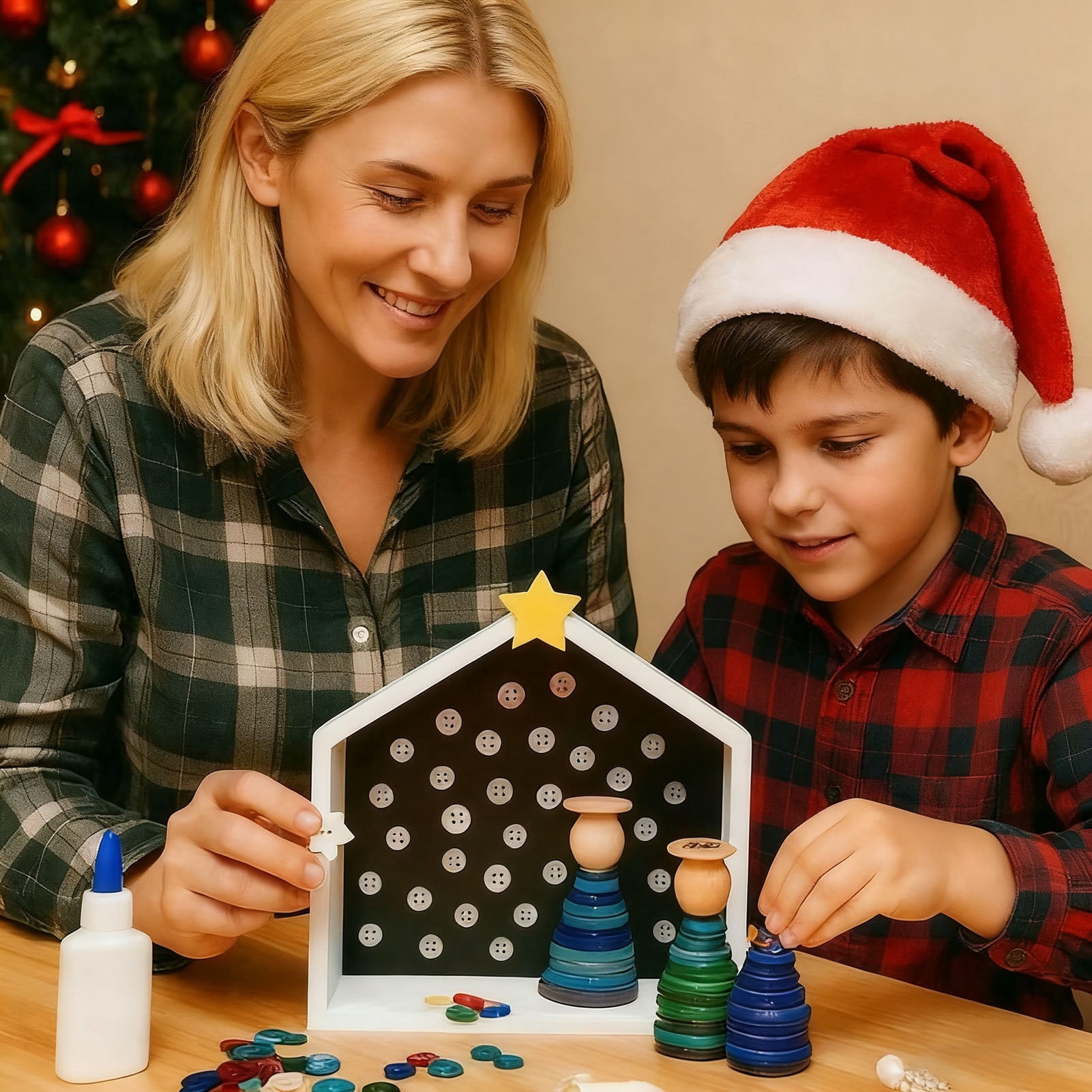 Dserfhy DIY Button Nativity Scene Kit Christmas Craft Set with Buttons Beads & Star for Holiday Decor Creative Christmas Ornament Making for Family Kids