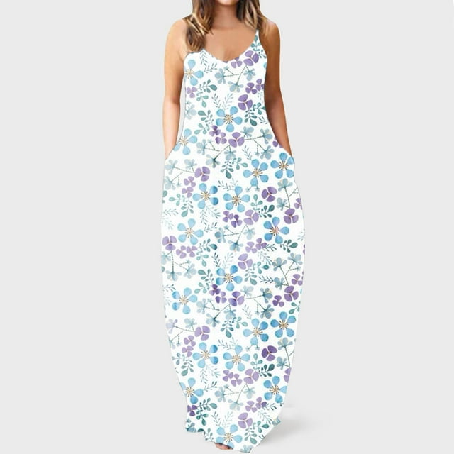 SMihono Robe Maxi Bohème d'Été pour Femmes Grande Taille Mode Femme Bretelles Taille Mi-Haute Col en V Sans Manches Rayée Imprimée Robe Longue de Plage