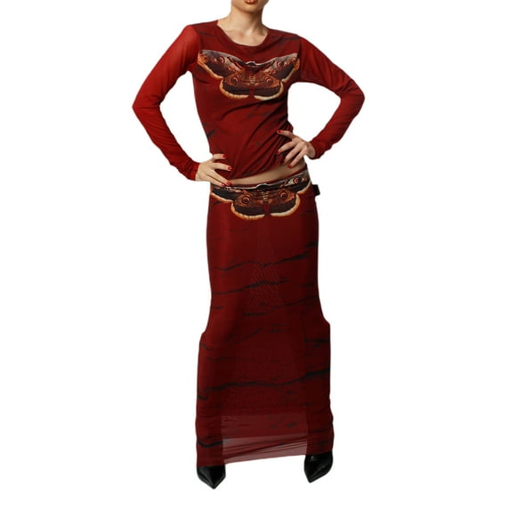 hirigin 2 Pieces Female Suit Set, Printed Patterns Crew Neck Long Sleeve Tops+ Long Skinny Skirt for Spring Fall, S/M/L