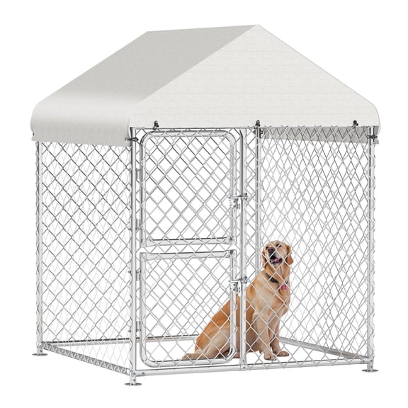 Dextrus Outdoor Dog Kennel, Dog Fence with Dual-Section Doors, Weather-Resistant Roof, Mesh Design for Dogs of Various Sizes, Silver