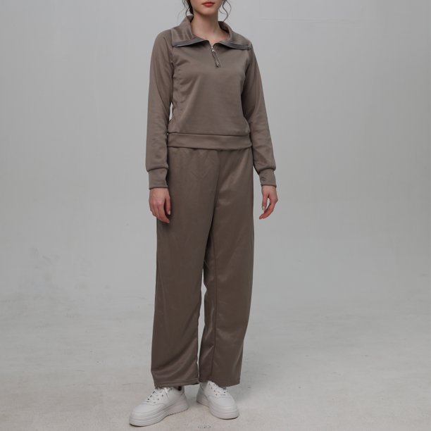 Conjunto de sudadera con media cremallera y pantalón de pierna ancha para mujer Cómodo traje de chándal de color sólido