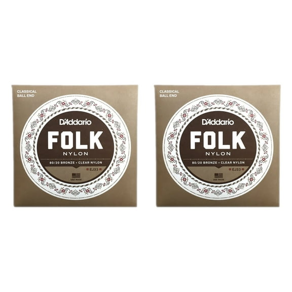 D'Addario Guitar Strings  EJ33  2 Pack  Folk Nylon  Ball End  Bronze Basses