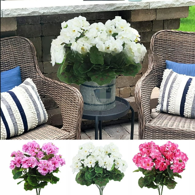 Geranios artificiales 2PCS Flores de seda para cestas colgantes al aire libre - Rosa, blanco, rosa intenso - Plantas artificiales de 13,7 pulgadas para decoración de porche y jardín