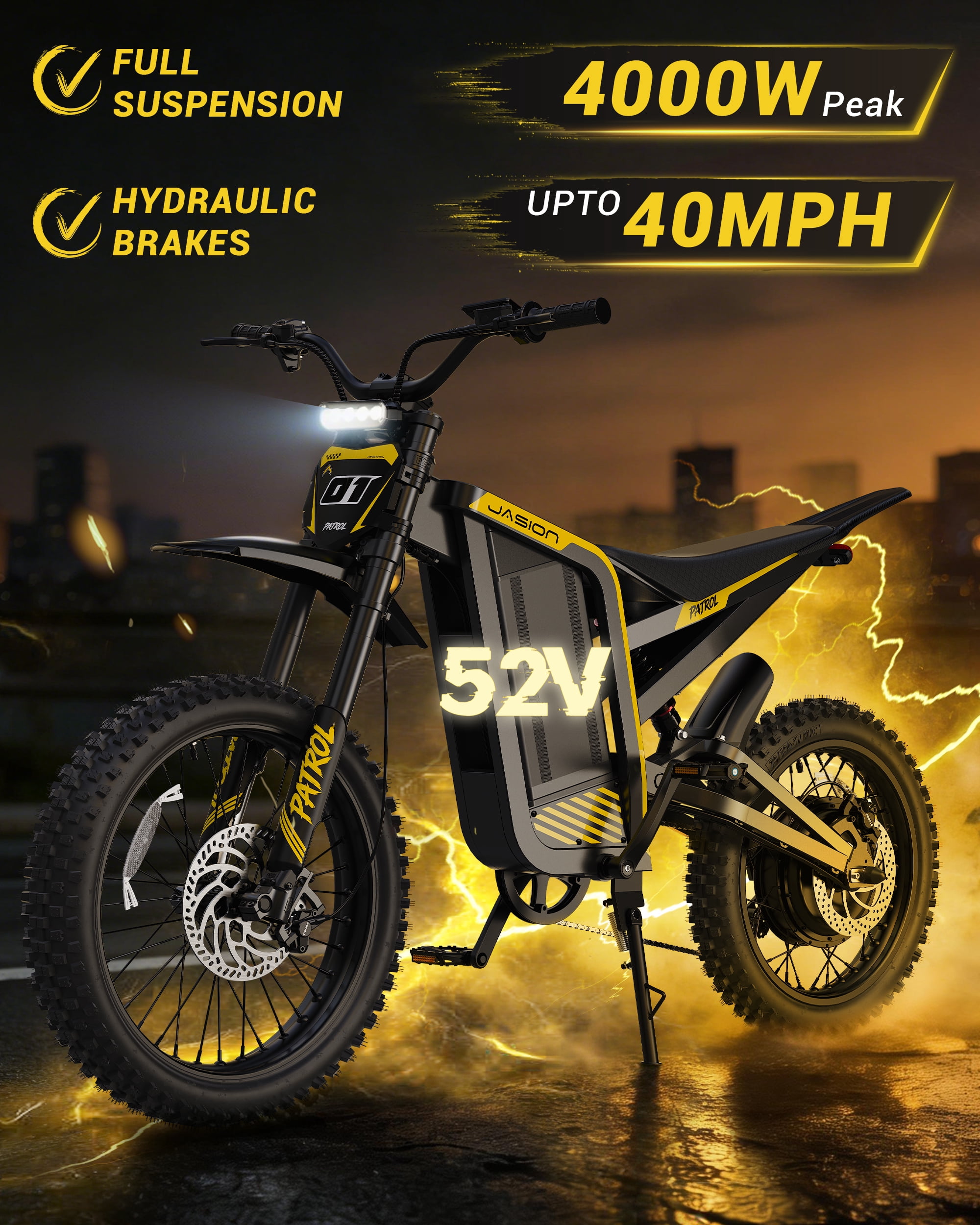 Jasion Patrol Electric Dirt Bike for Adults 19"/17", 4000 Peak Motor Ebike 52V 30AH, Fat Tire Electric Motorcycle, UL 2849