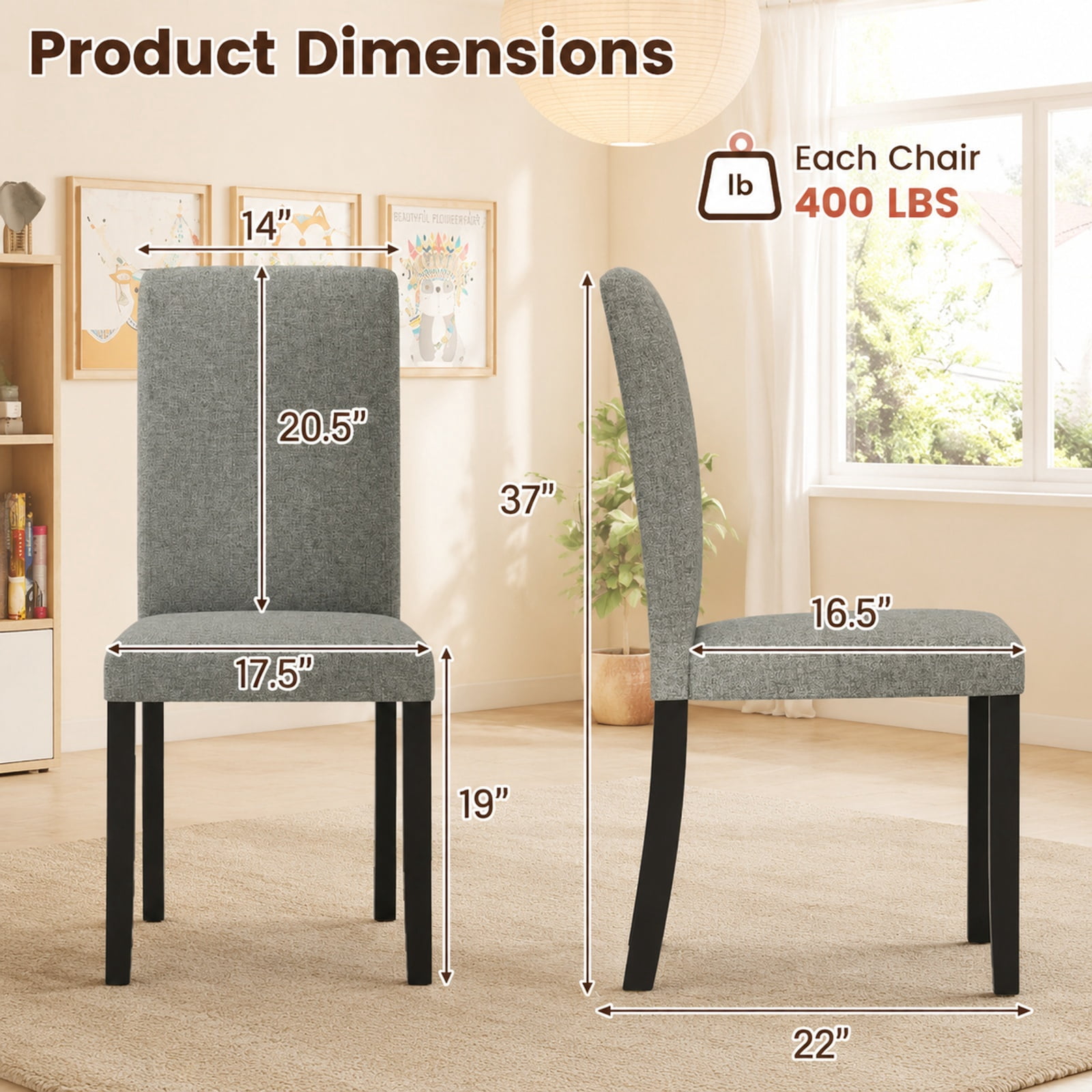 Furnibear Mid Century Modern Dining Chairs Set of 2 with Rubber Wood Legs and Padded Seats for Kitchen Dining Room, Gray