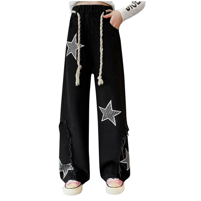 Odeerbi 5-16 Años Niñas Pantalón Vaquero de Pata Ancha Con Dobladillo Crudo Primavera Pantalón Vaquero Informal Con Estampado de Estrellas