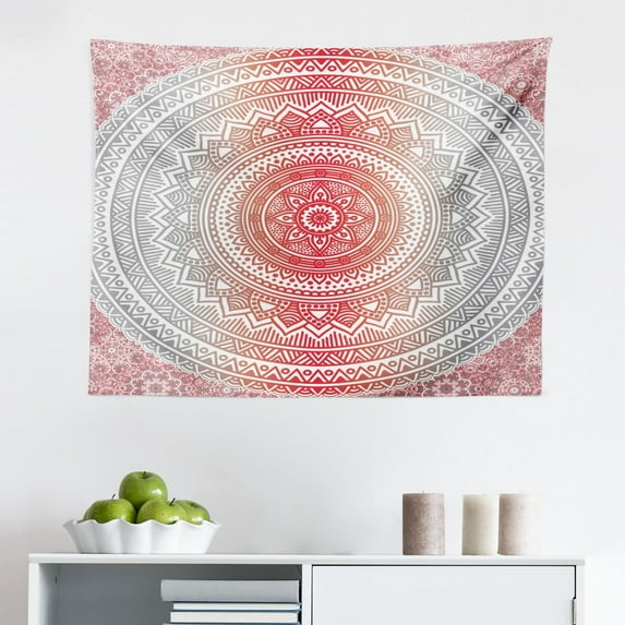 Teal and Coral Tapestry, Ombre Mandala Art Antique Gypsy Folk Pattern Cosmos Image, Fabric Wall Hanging Decor for Bedroom Living Room Dorm, 2 Sizes, Teal Coral, by Ambesonne