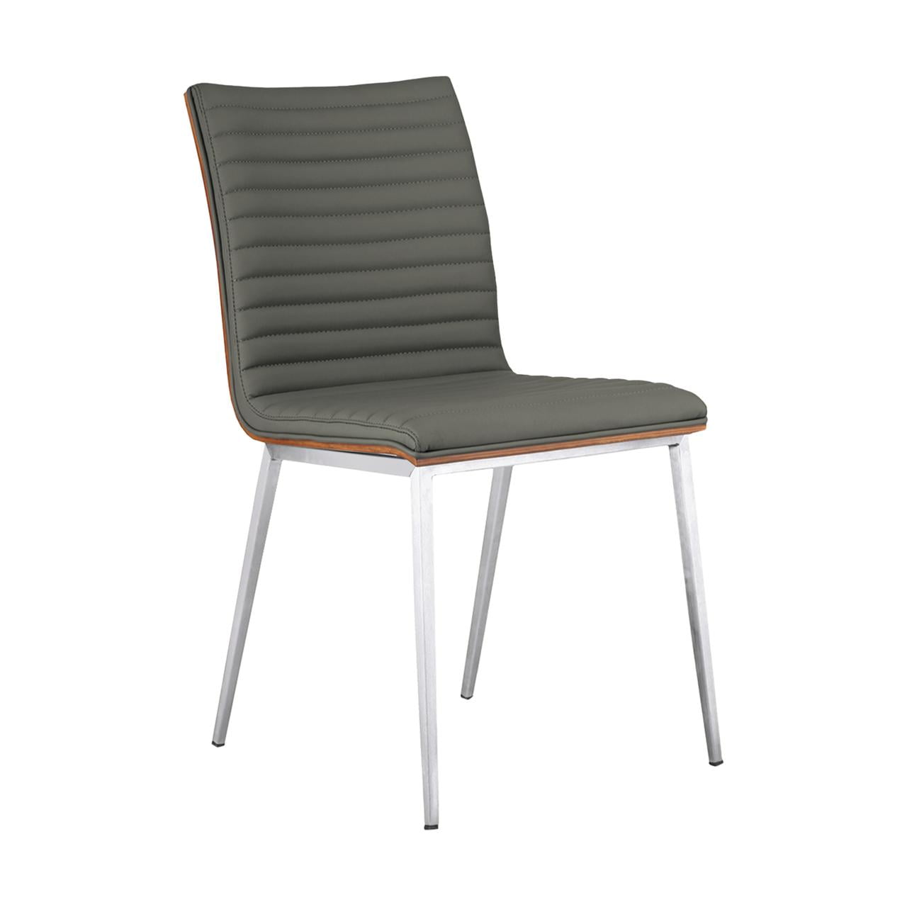Café Brushed Stainless Steel Dining Chair in Gray Faux Leather with Walnut Back - Set of 6