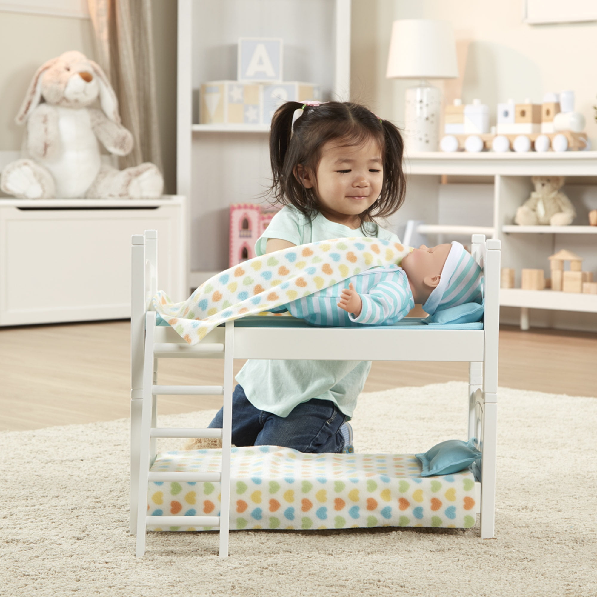 Melissa & Doug Mine to Love Wooden Play Bunk Bed for Dolls, Stuffed Animals - White (2 Beds, 17.4”H x 9.1”W x 20.7”L Assembled and Stacked)