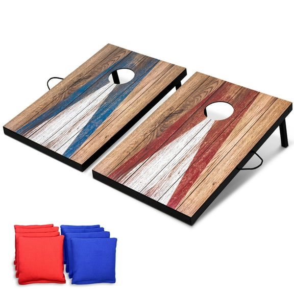 GoSports 3 x 2 ft Cornhole Board Set - Portable Outdoor Toss Game for Adults & Family - Includes Set of 8 Bean Bags with Built-in Storage - Rustic