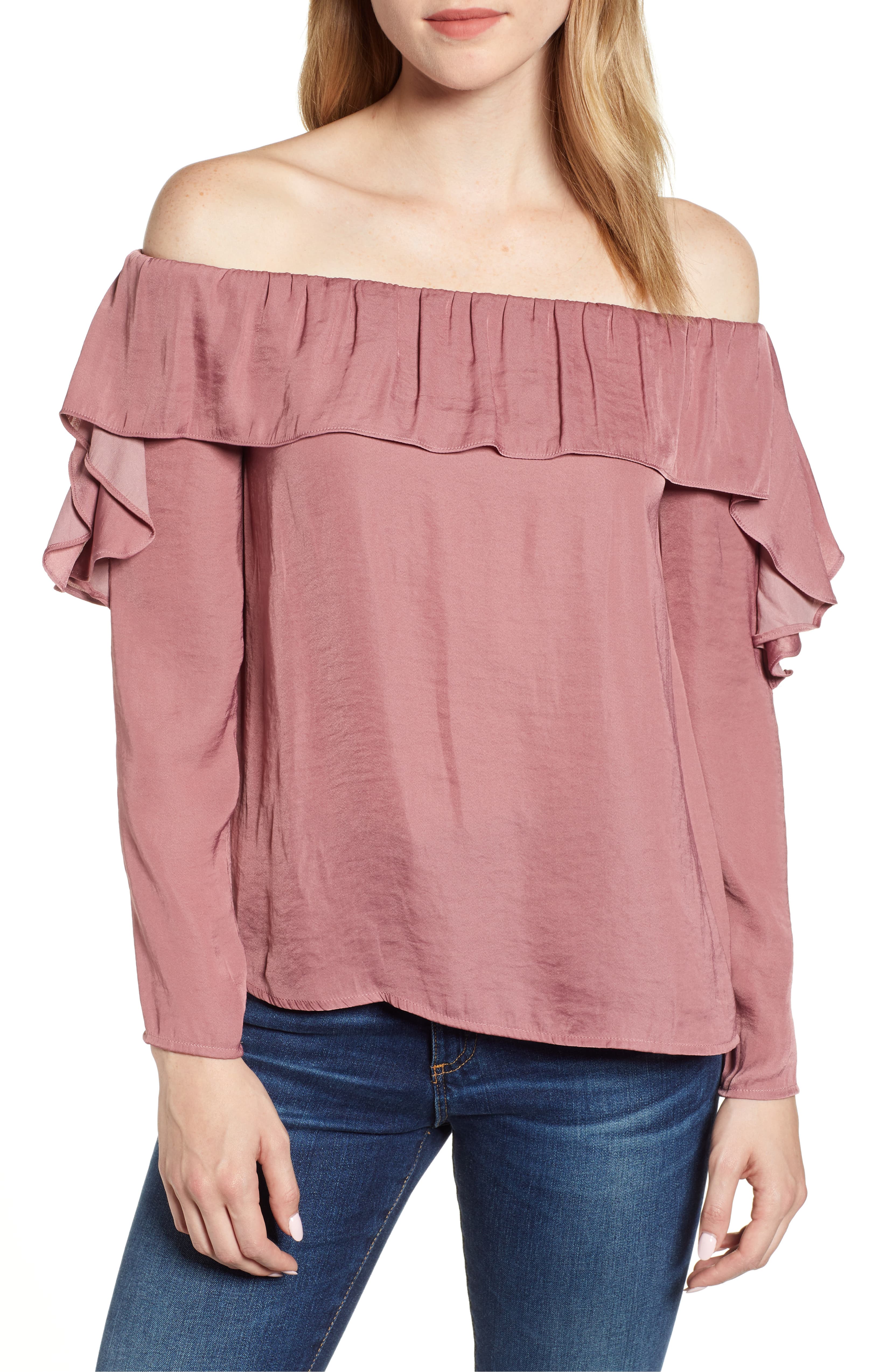 pink ruffle off the shoulder top