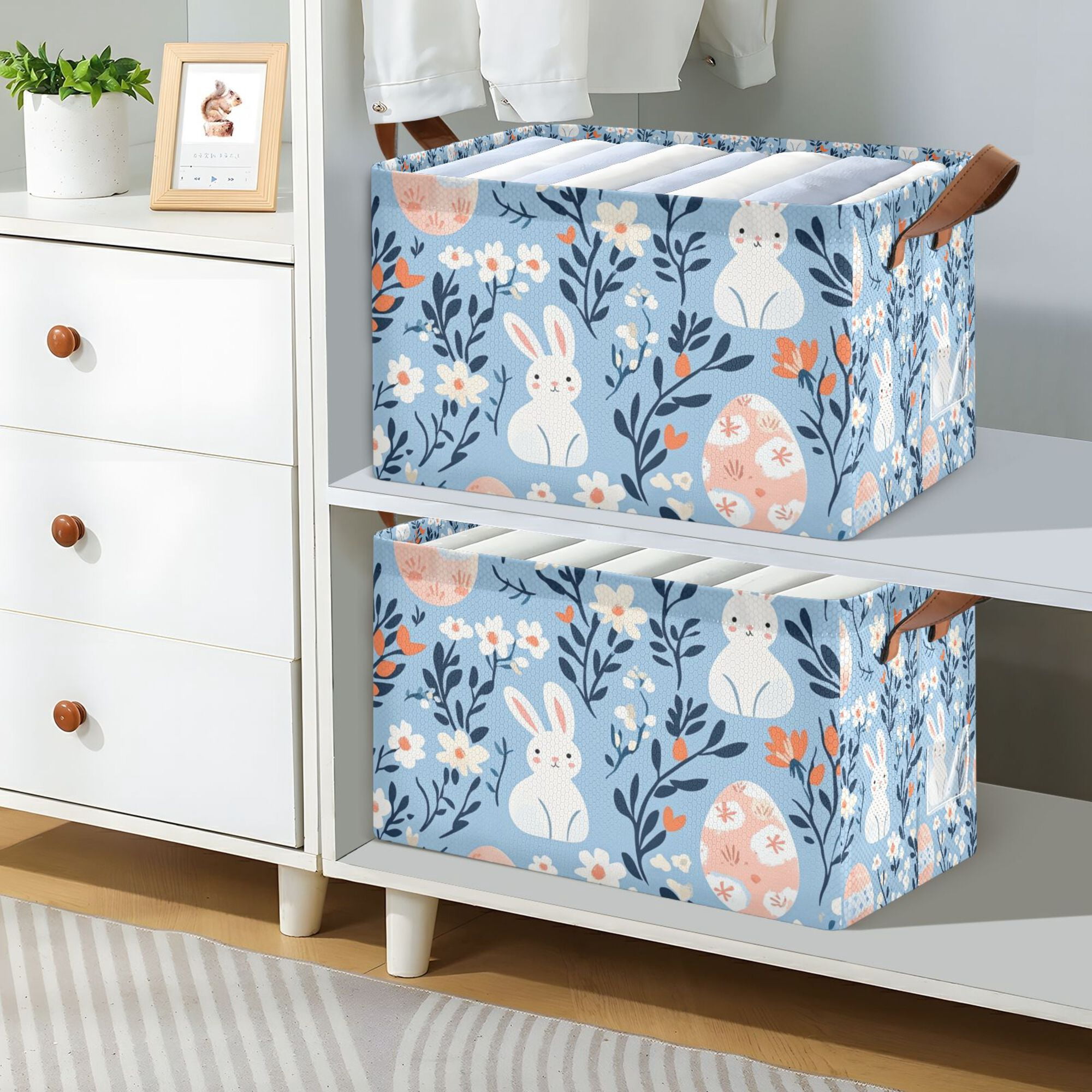 Yayeee Foldable Storage Basket for Shelves Set of 2 Waterproof Cloth Bins with Handles, Floral Easter Rabbits
