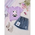 thumbnail image 4 of Girls Outfit Cozy Cartoon Cow Print Short Sleeve Crew Neck Top with Denim Shorts 2 Piece Toddler Girl Clothes Purple Size 3-4 Y, 4 of 4
