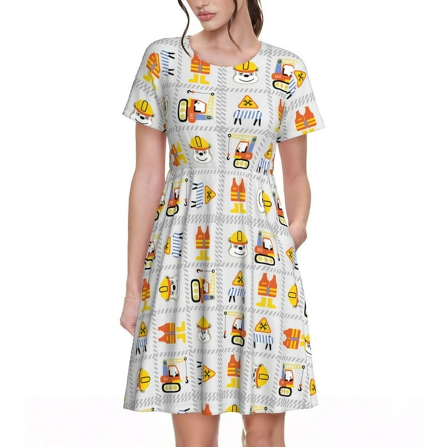 Honeii Équipements de Construction Robe à Manches Courtes pour Femmes, Robe Décontractée Confortable, Mélange Polyester Spandex Doux, Tenue Quotidienne Élégante pour l'Été, Parfaite pour les Voyages et les Vacances