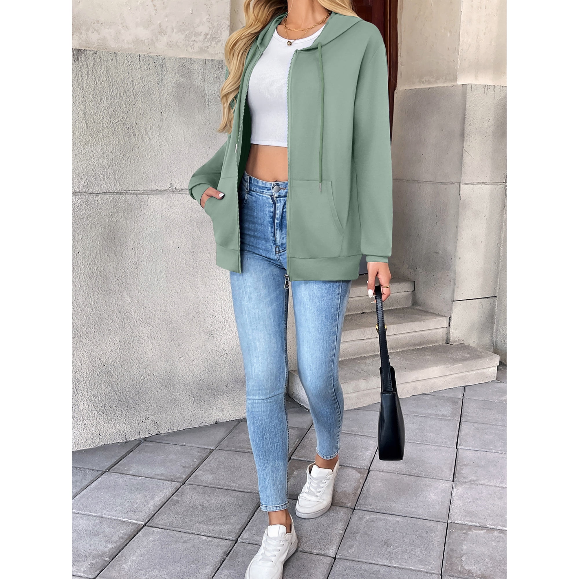 HOWCOME Basic Women's Full-Zip Hoodie – Lightweight Non-Fleece Long Sleeve Track Jacket with Adjustable Hood and Pockets, Mint Green X-Large