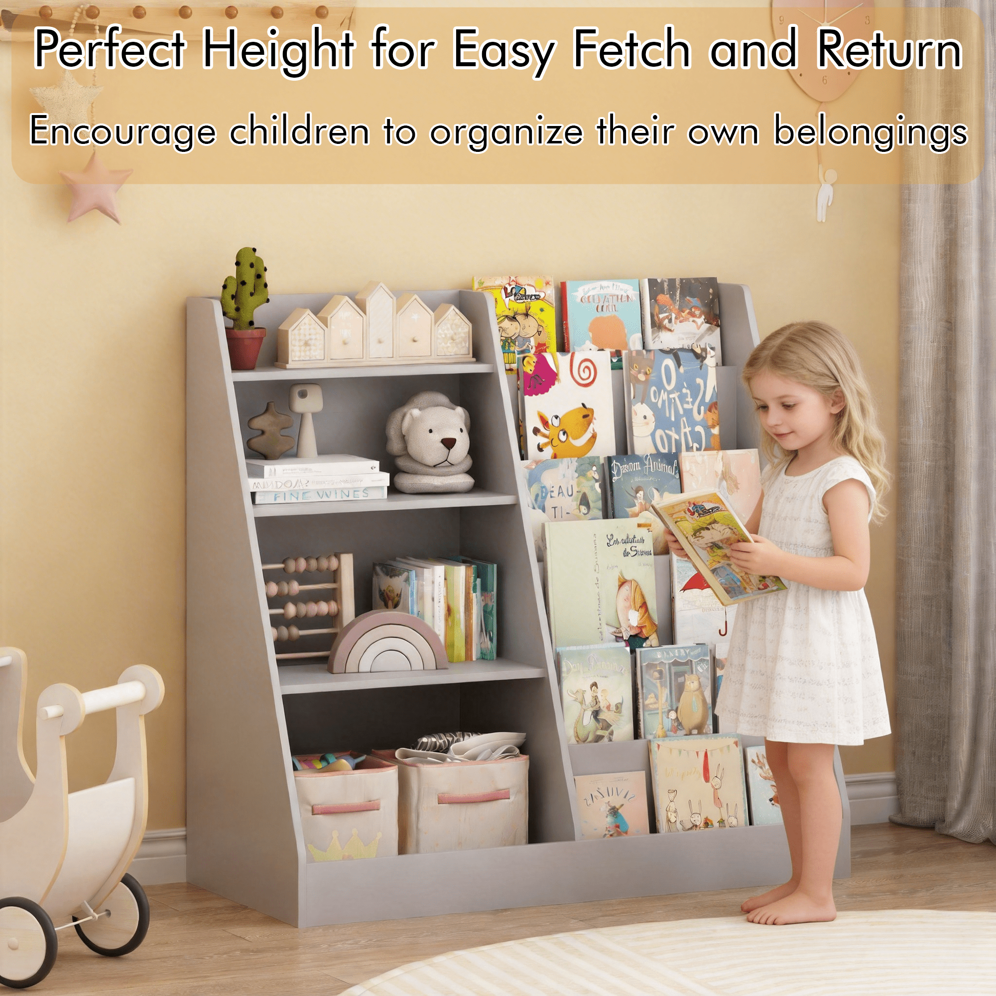 4-Tier Wooden Bookshelf with Toy Storage Bins, Multifunctional Children Bookcase Display Stand Organizer, Toddler Book Rack for Playroom Nursery Bedroom, Gray