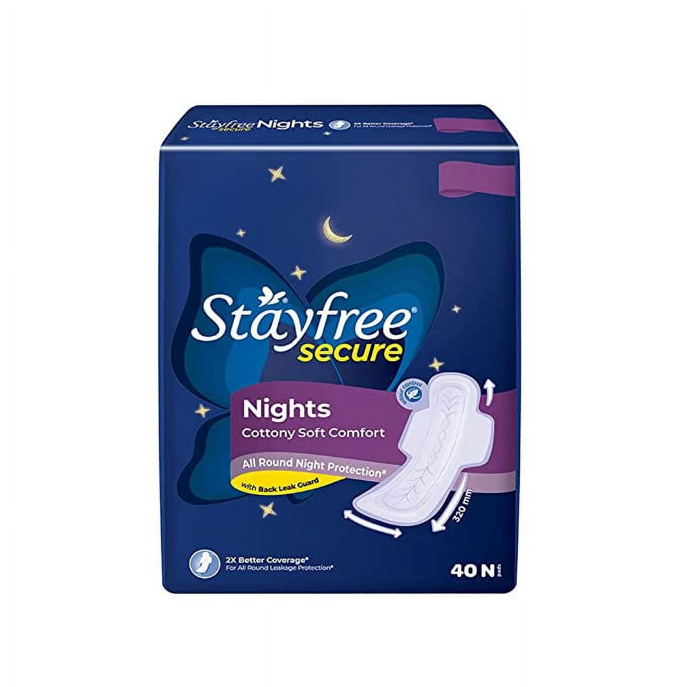 Stayfree Secure Night 320 mm (40 Napkins) Sanitary Pads for Women, up to 100% leakage protection, Cottony Soft
