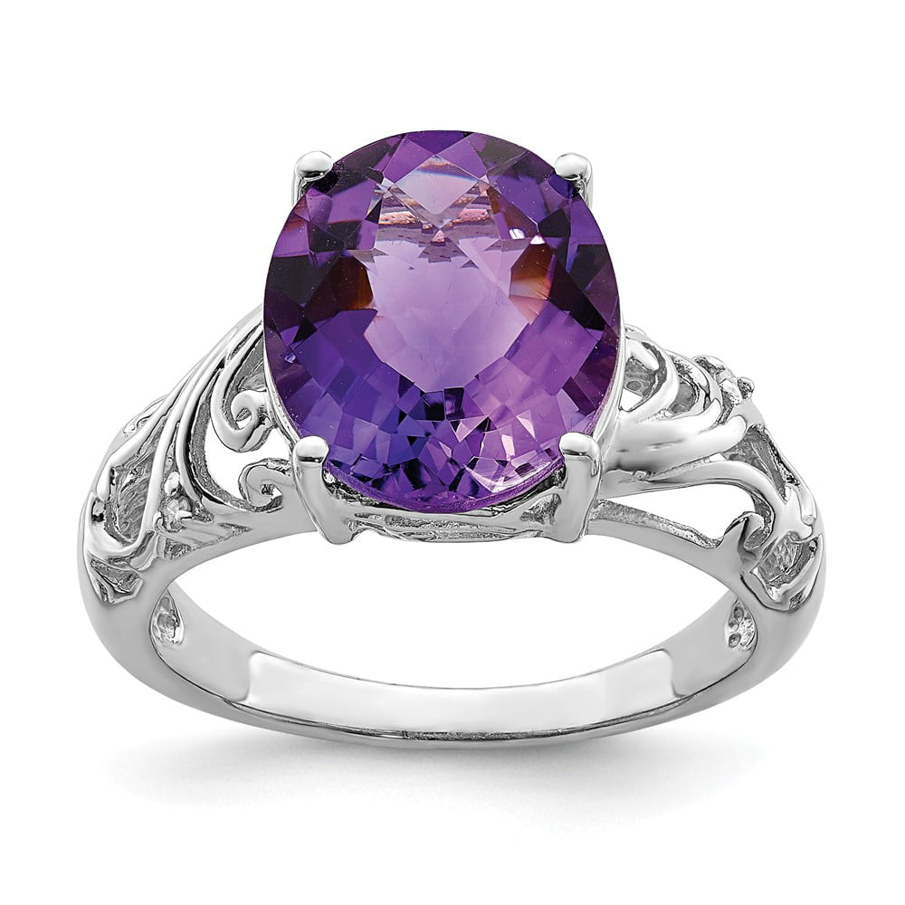 Sterling Silver 2 MM Checker-Cut Amethyst and Diamond Ring