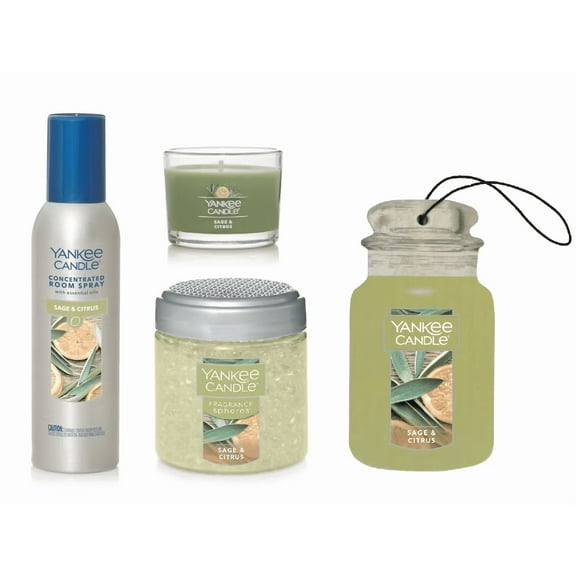 Yankee Candle Sage & Citrus Yankee Home/Car Fragrance Gift Set with a Concentrated Room Spray, a ScentBeads Fragrance Sphere, a Mini Candle and a Sage & Citrus Car Jar 4pc in an Organza Gift Bag