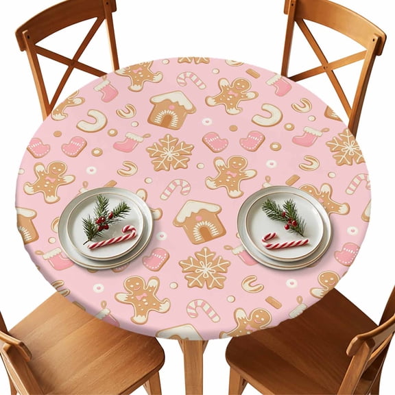 Christmas Round Tablecloth Gingerbread Man Snowflake Tablecloths with Elastic Edge Fitted Glove Candy Cane Pink Table Cover,Waterproof Oil Proof for Dinner,Outdoor, Party 36" - 44" DIA Tables