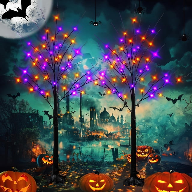 Árbol de abedul iluminado para Halloween, deslumbrante, de 4 pies, paquete de 2