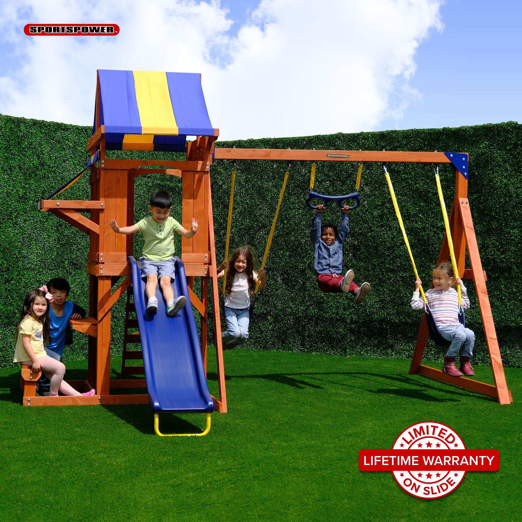 KidKraft Castlewood Wooden Swing Set Playset with Clubhouse Mailbox Slide and Play Kitchen Walmart