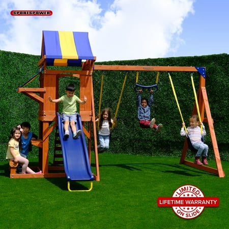 incomplete)))Sportspower Sunnyslope Wooden Swing Set with Play Fort  Trapeze  & 6  Double Wall Slide with Lifetime Warranty