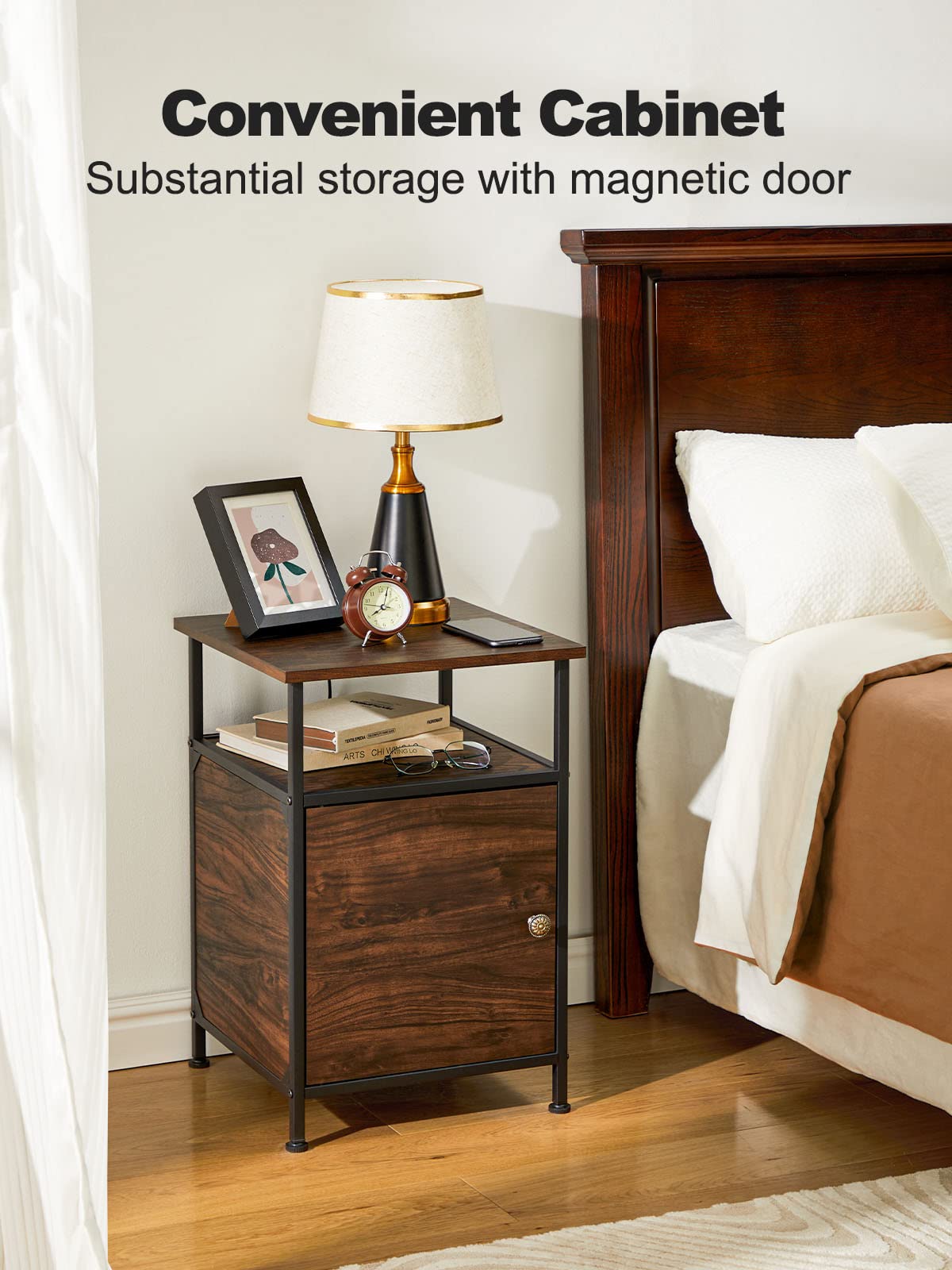 2-Tier Rustic Full Metal Frame Nightstand Table Bedside End Table with Drawer for Livingroom Bedroom