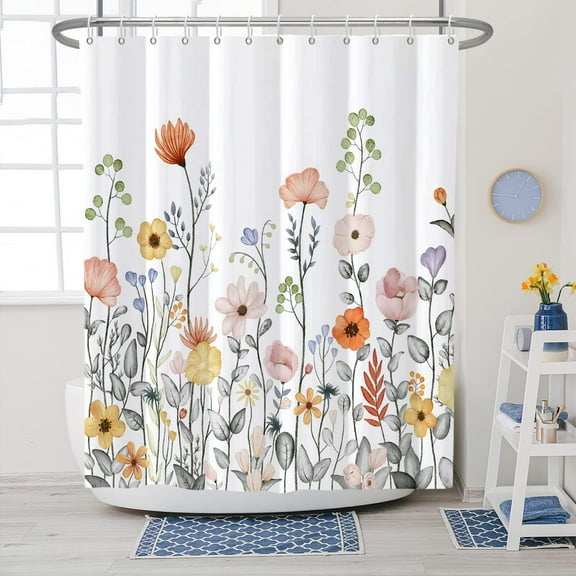 Flower Shower Curtain, Fabric Shower Curtain, Floral Plants Shower Curtains for Bathroom Natural 48x84 inch Bathroom Curtain Decor Waterproof with Hooks for Home Hotel Machine Washable Curtain