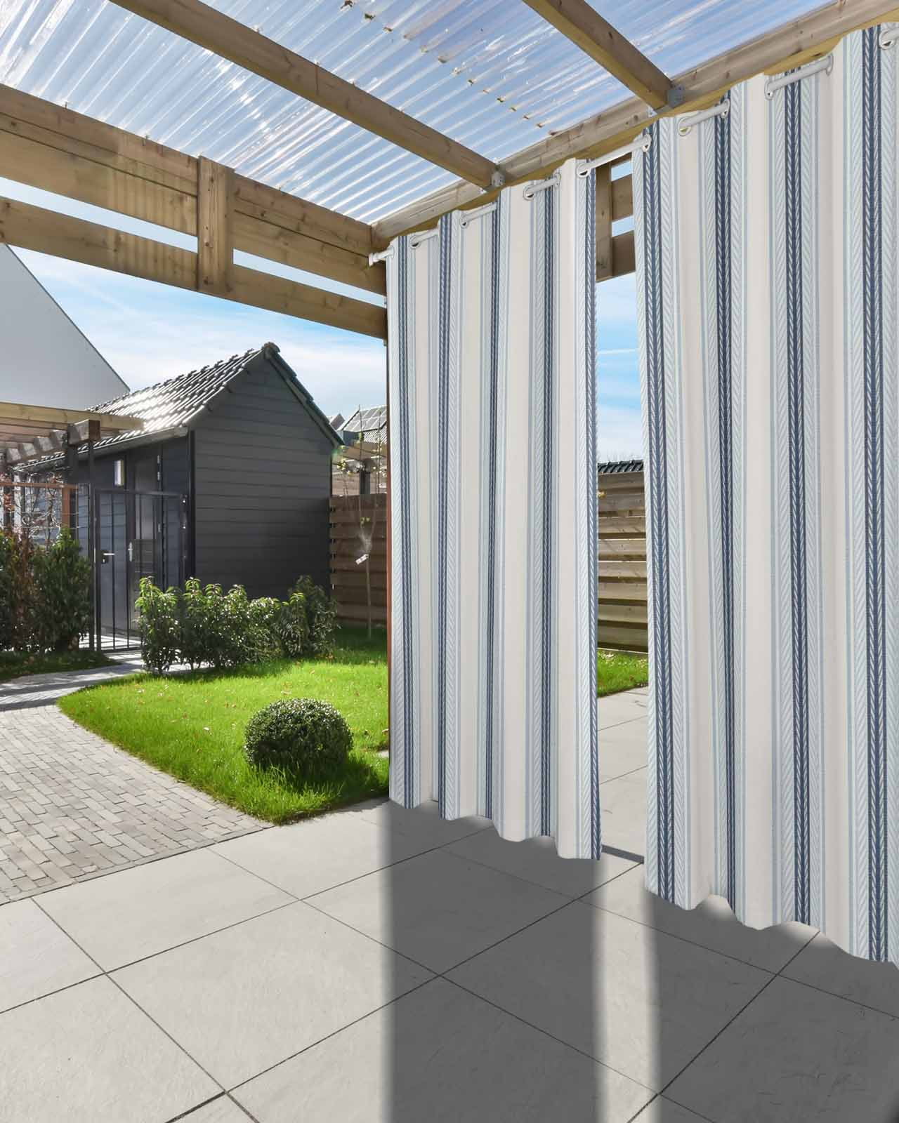 Blue Beige Outdoor Curtains for Patio, Modern Abstract Gradient Vertical Stripes Privacy Drapes Grommet Waterproof Outside Curtains for Porch/Cabana/Balcony 54"x 84", 2 Panel