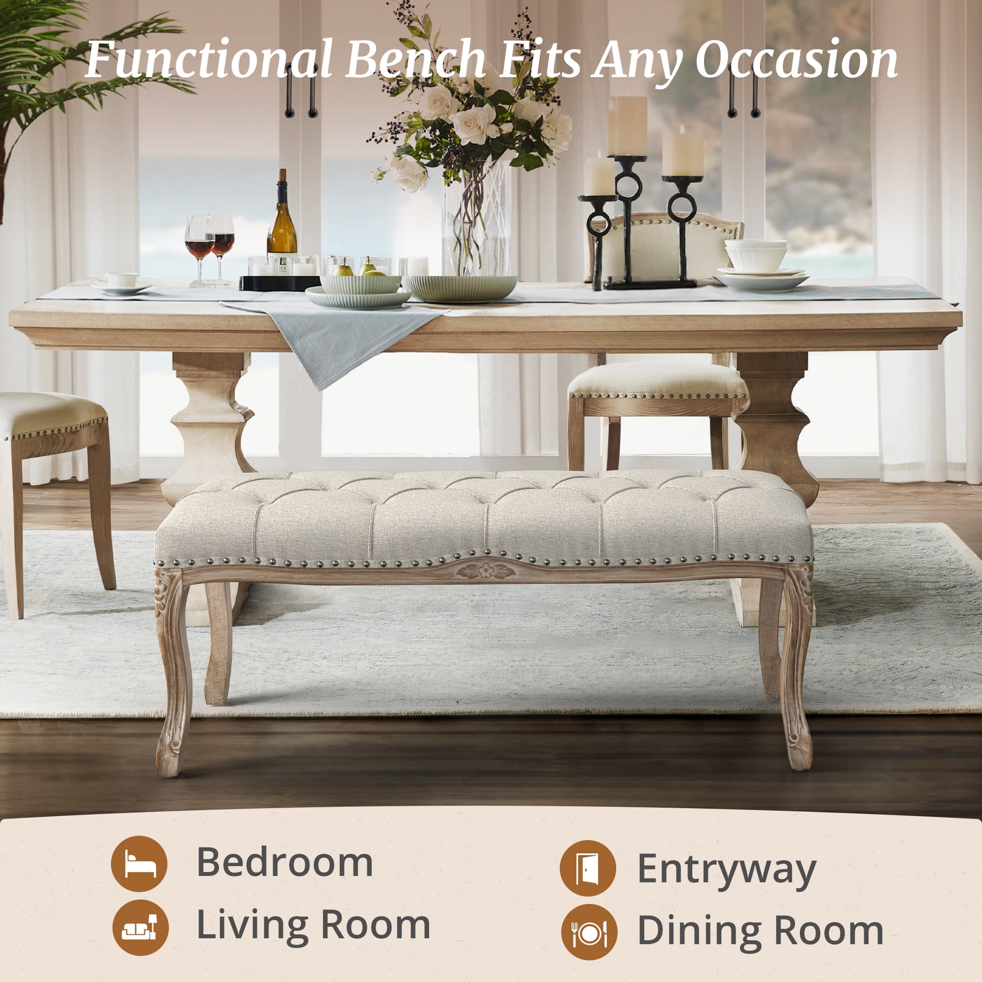 Dycanpo 45.2'' Bedroom Bench Seat Light Gray Linen, French Upholstered Ottoman Bench