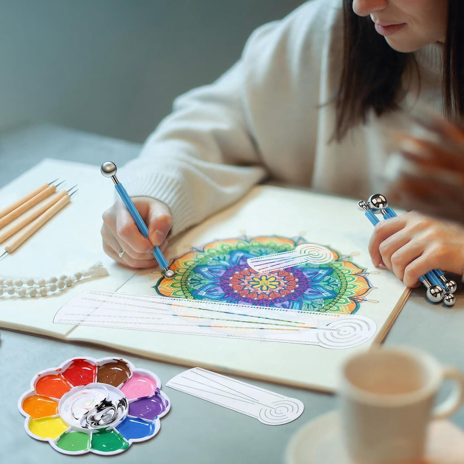 17 Pcs Mandala Dot Painting Tool Kit 3-in-1 Mandala Ruler with Holes 3 Thumb Tacks 10 Ball Stylus Flower Paint Palette for DIY Rock Painting Clay Modeling Drawing and Drafting