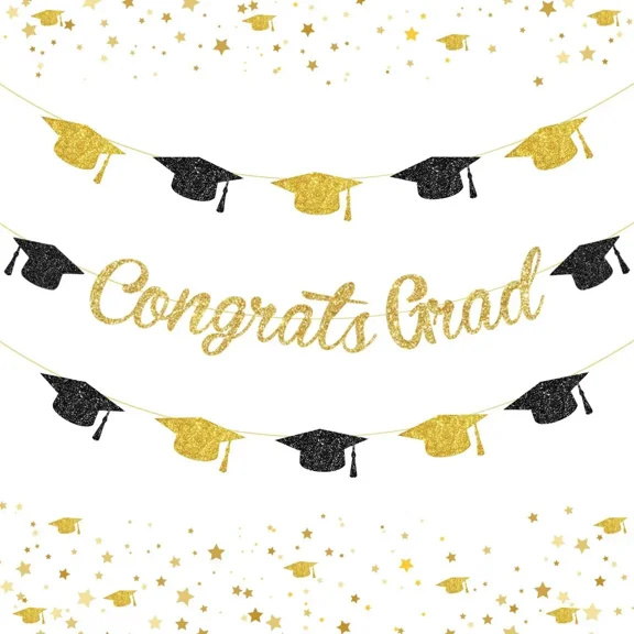 Congrats Grads Banner Grads Hats Garland Black Gold Glitter Graduation Banner for Car Parade High School College University 2026 Graduation Party Decorations