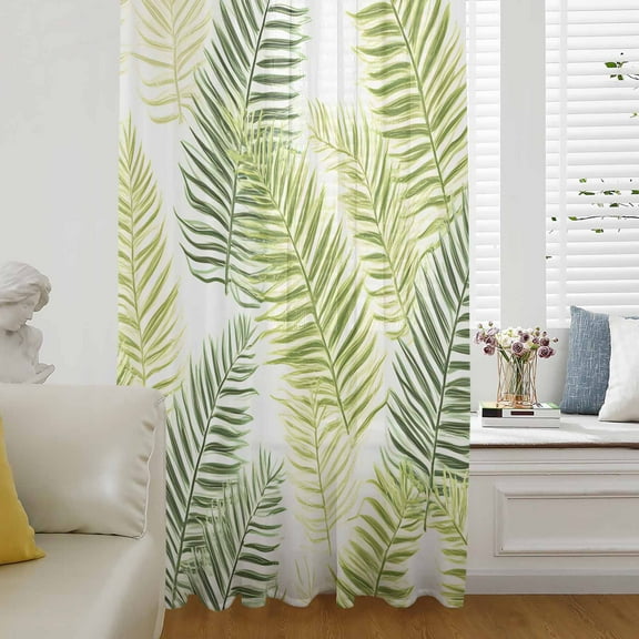 Sage Green Leaves Semi Sheer Curtains Drapes for Living Room, Bedroom, French Doors Window 63 Inches Long, Summer Botanical Palm Leaf Rod Pocket Chiffon Curtain Drapery Voile Draperies Panel