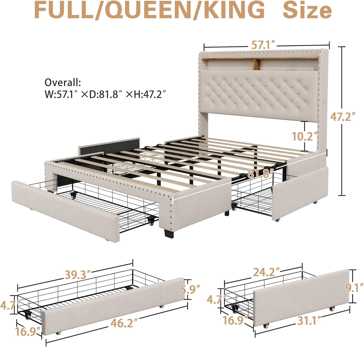 Pipleo Full Size Bed Frame with headboard, Full Bed Frame with 3 Drawers, Velvet Upholstered Platform Bed Frame with Storage, LED Lights and Charging Station