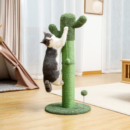 Fithood Cactus Cat Tree Cat Scratcher with Sisal Scratching Post and Interactive Dangling Ball For Indoor Cats Green