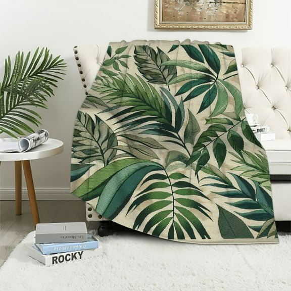 JRXY Palm Leaf Tropical Plants Green Flannel Fleece Blanket White
